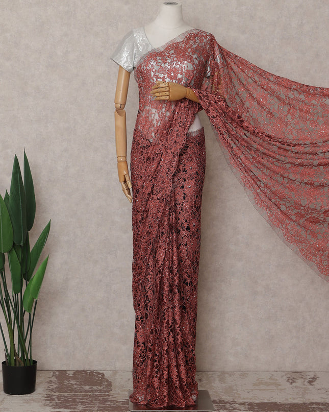 Rosewood Red Stone Work French Lace Saree