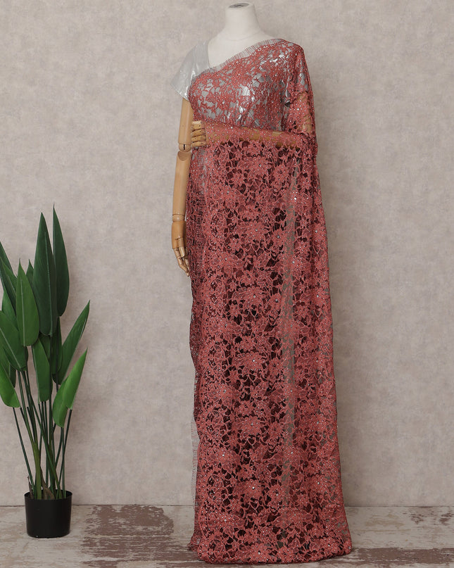Rosewood Red Stone Work French Lace Saree