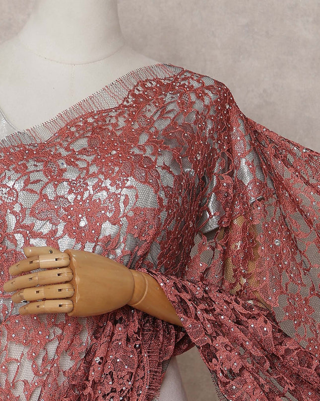 Rosewood Red Stone Work French Lace Saree