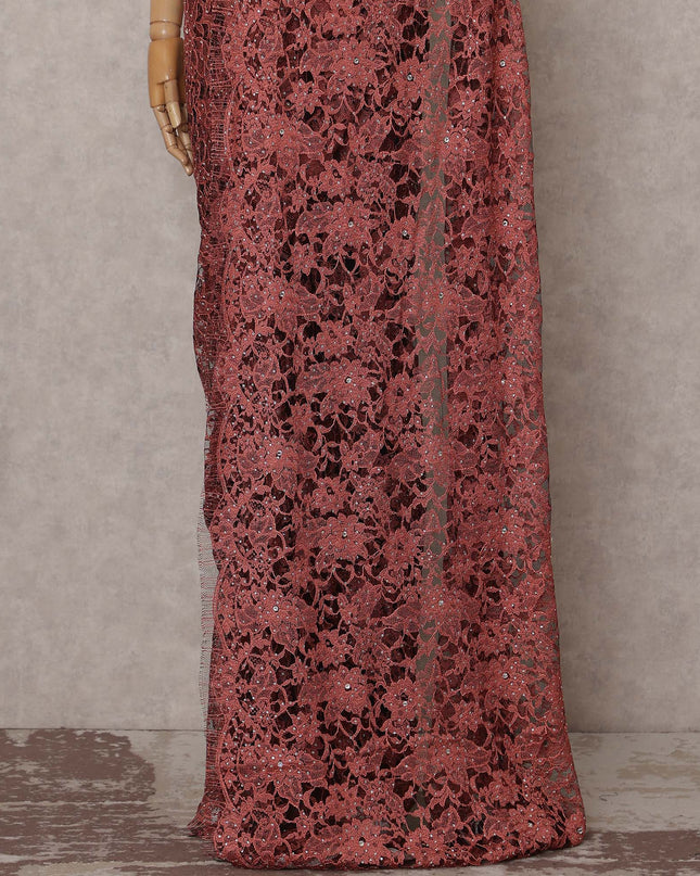 Rosewood Red Stone Work French Lace Saree