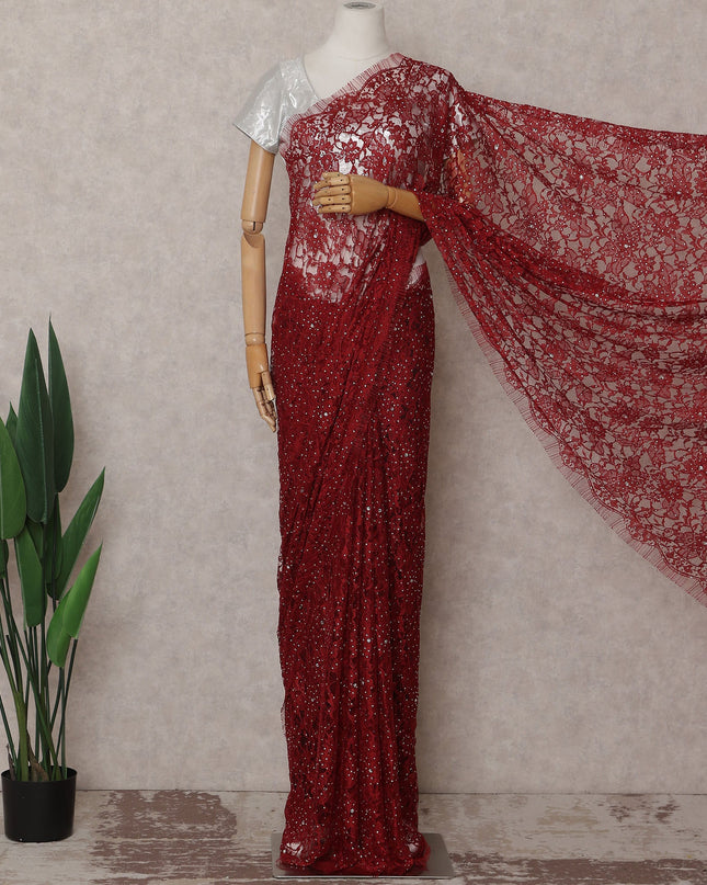 Ruby Red Stone Work French Lace Saree