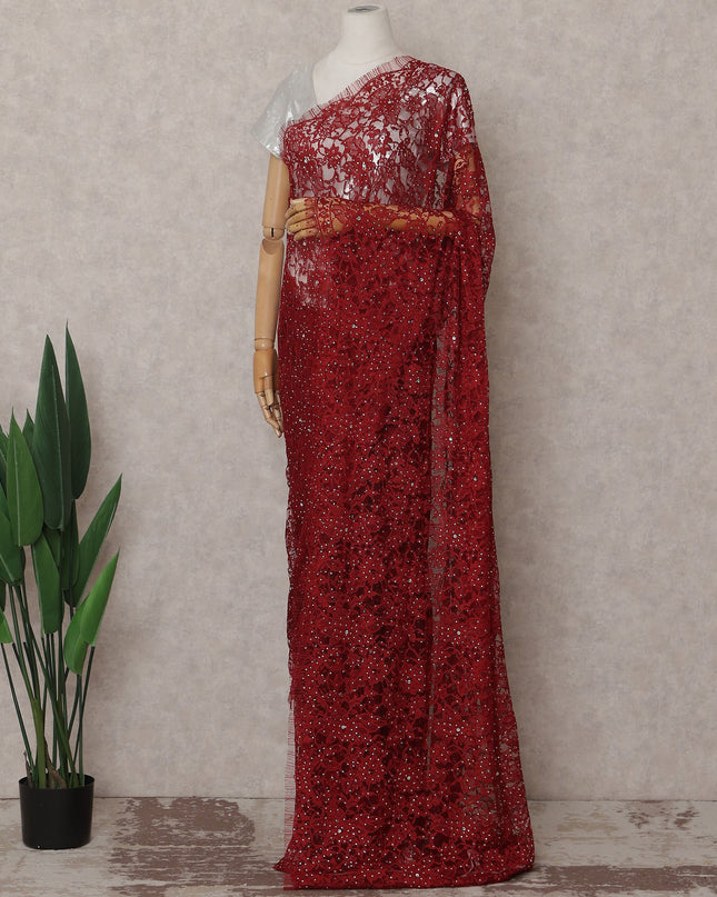 Ruby Red Stone Work French Lace Saree