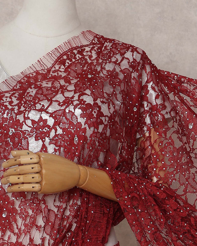 Ruby Red Stone Work French Lace Saree