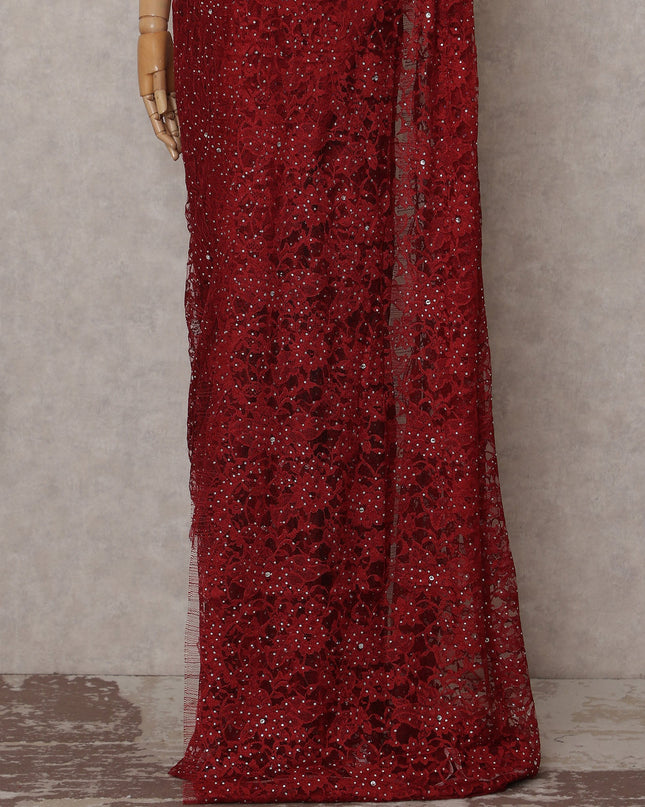 Ruby Red Stone Work French Lace Saree