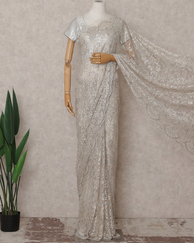 Ivory Silver Metallic Stone French Lace Saree