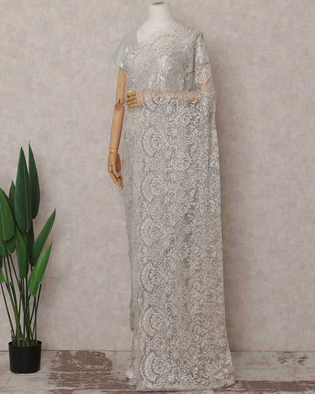Ivory Silver Metallic Stone French Lace Saree