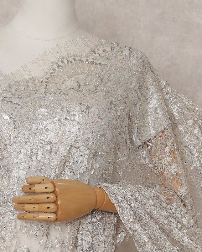 Ivory Silver Metallic Stone French Lace Saree