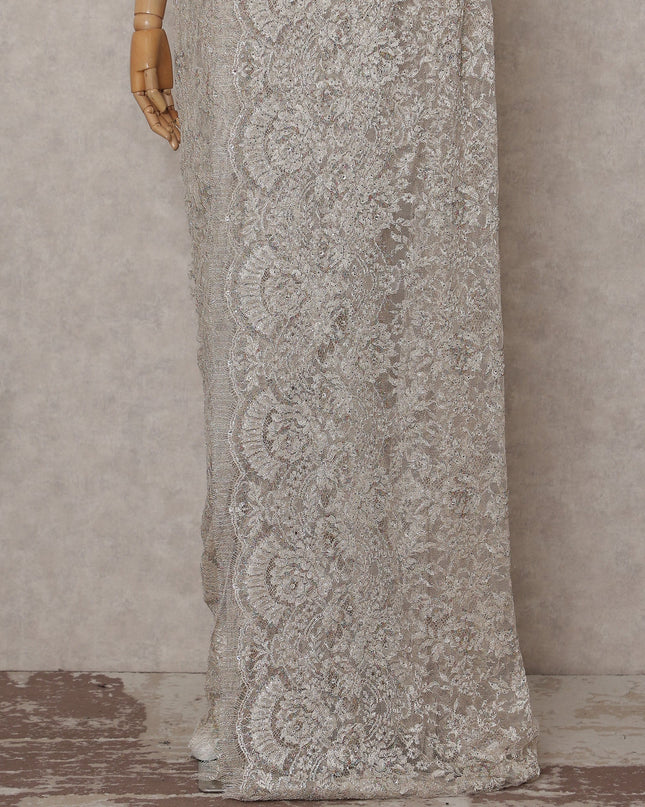 Ivory Silver Metallic Stone French Lace Saree