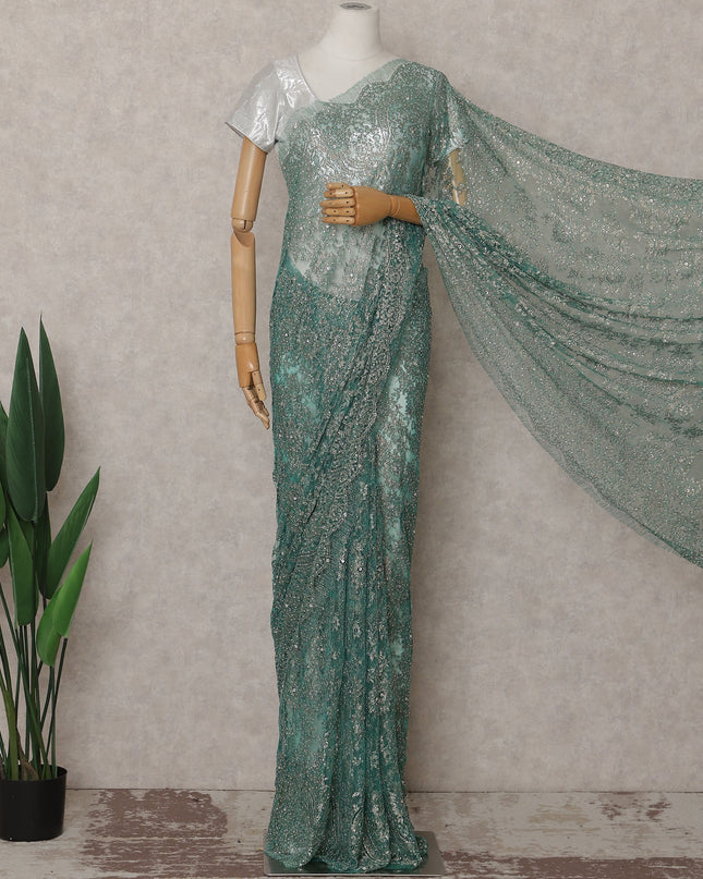 Deep Jade Green Metallic Stone French Lace Saree