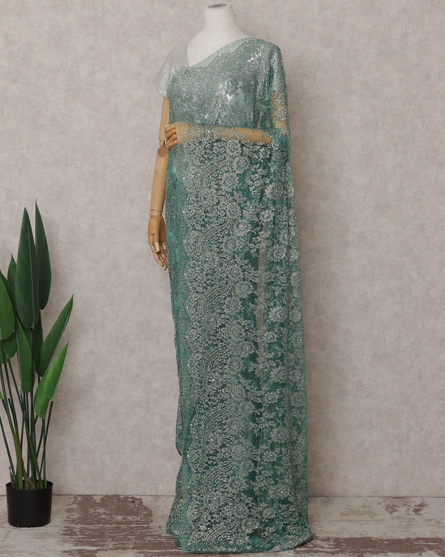Deep Jade Green Metallic Stone French Lace Saree