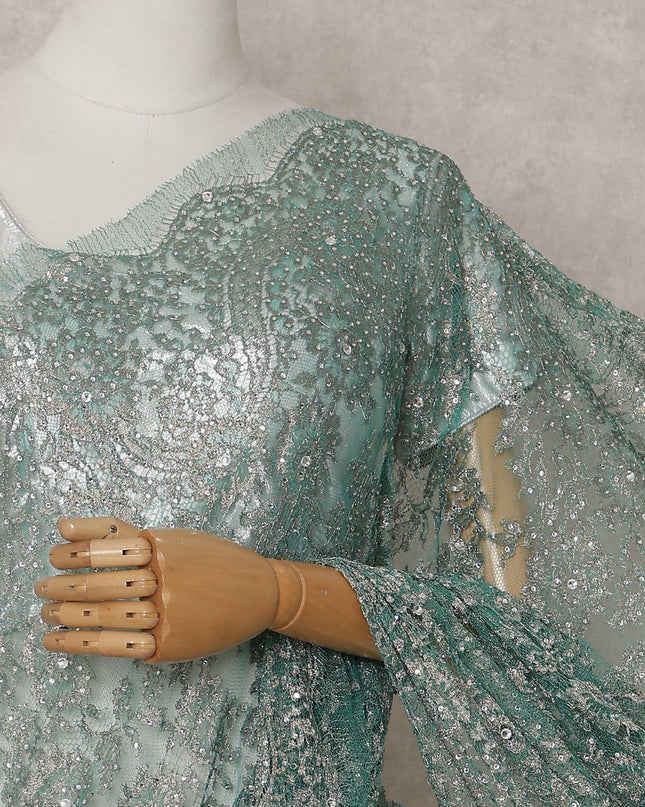 Deep Jade Green Metallic Stone French Lace Saree