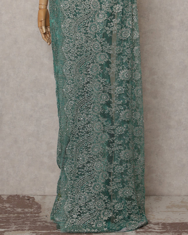 Deep Jade Green Metallic Stone French Lace Saree