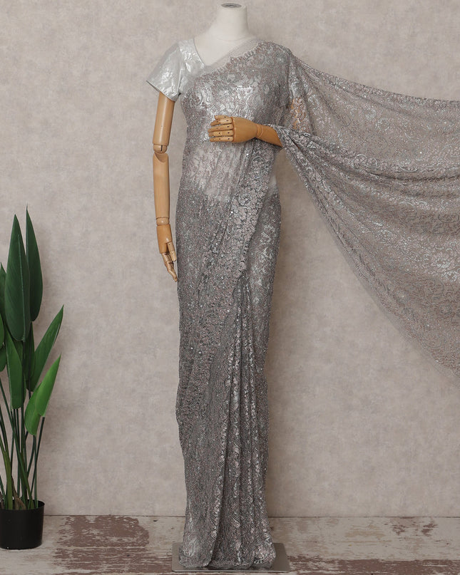 Dove Grey Metallic Stone French Lace Saree