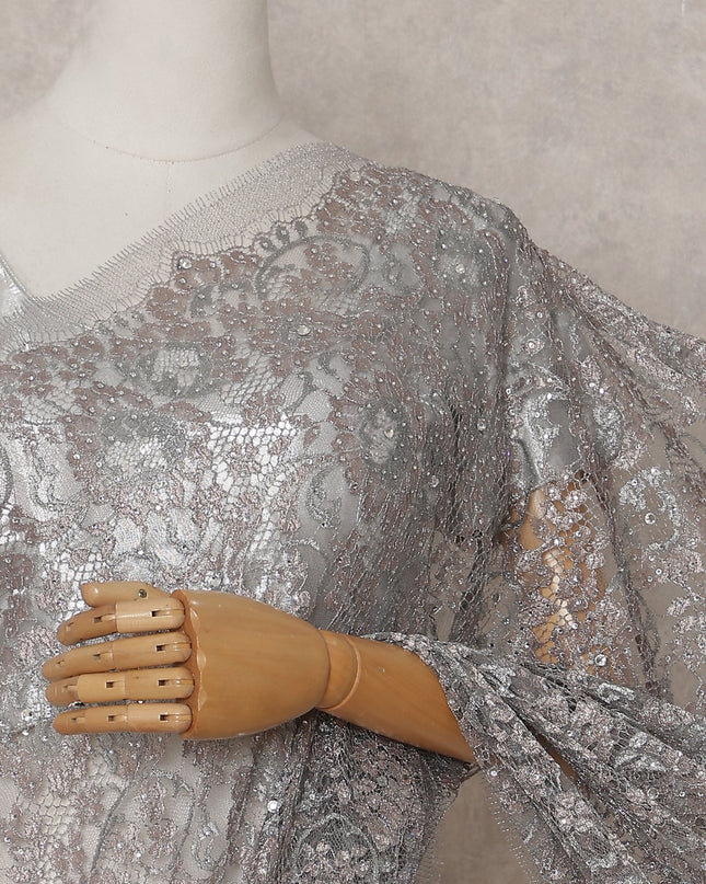 Dove Grey Metallic Stone French Lace Saree