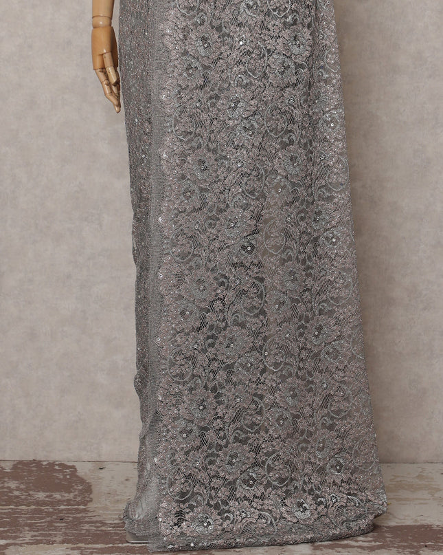 Dove Grey Metallic Stone French Lace Saree