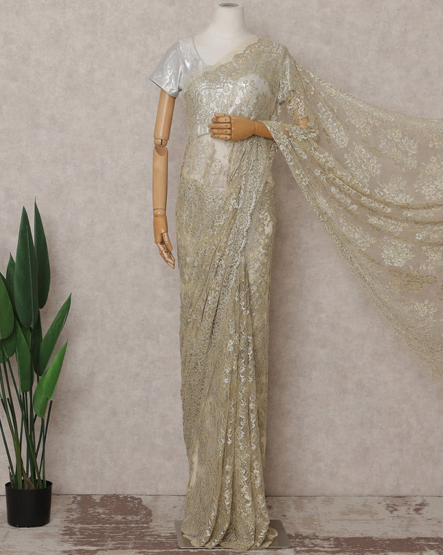 Antique Gold Metallic Stone French Lace Saree