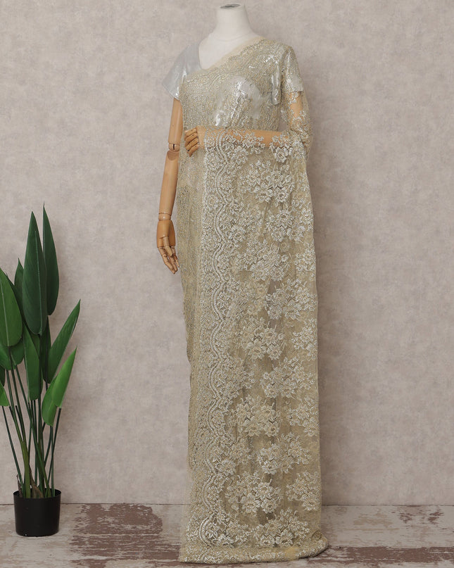 Antique Gold Metallic Stone French Lace Saree