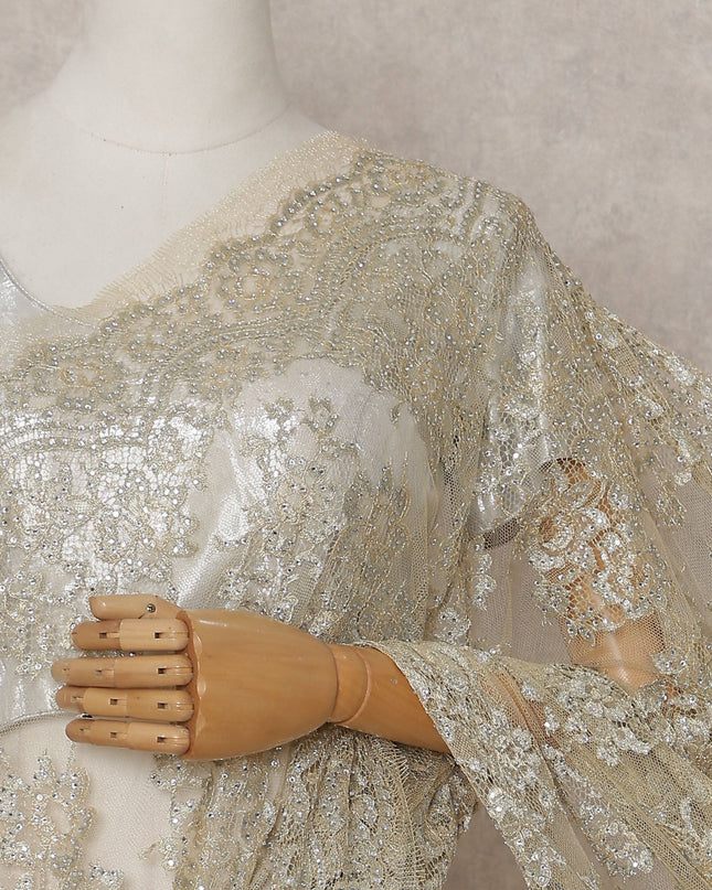 Antique Gold Metallic Stone French Lace Saree