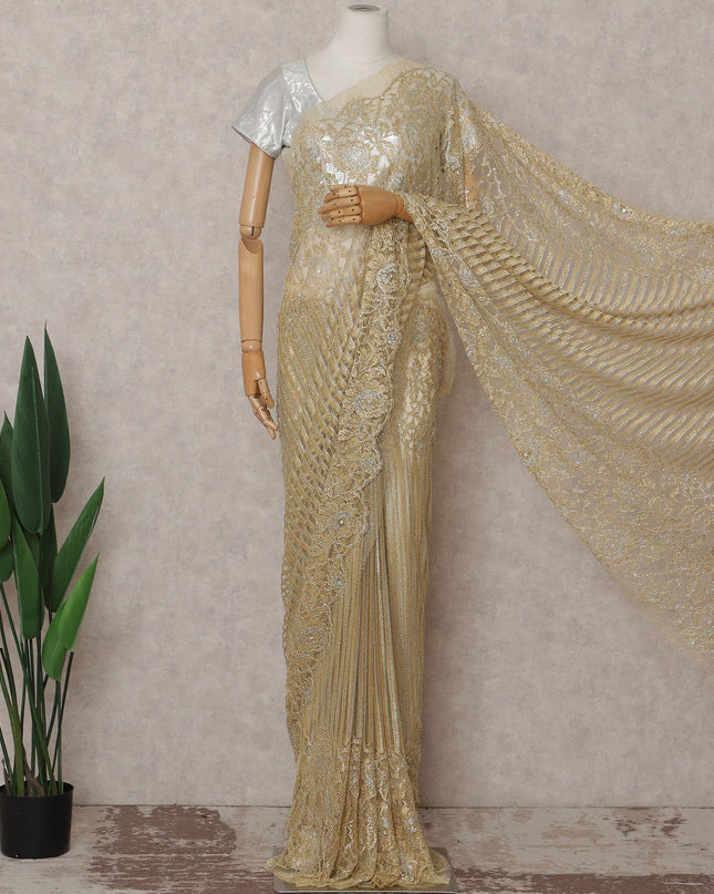 Champagne Gold Metallic Stone French Lace Saree