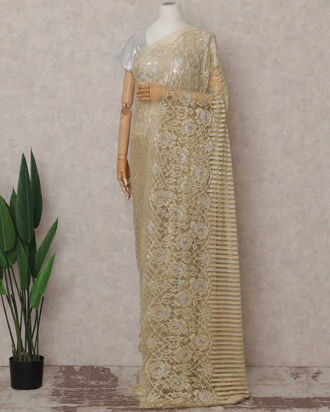 Champagne Gold Metallic Stone French Lace Saree
