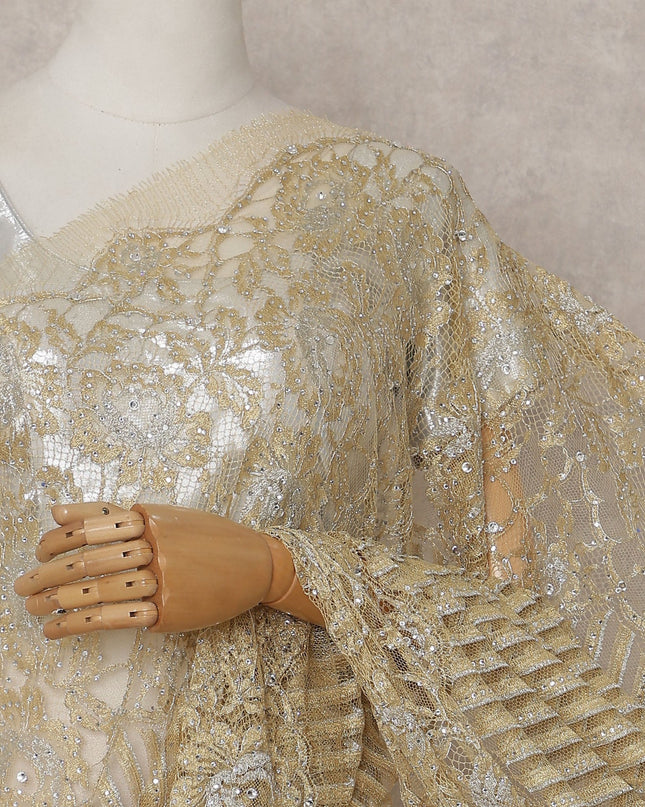 Champagne Gold Metallic Stone French Lace Saree