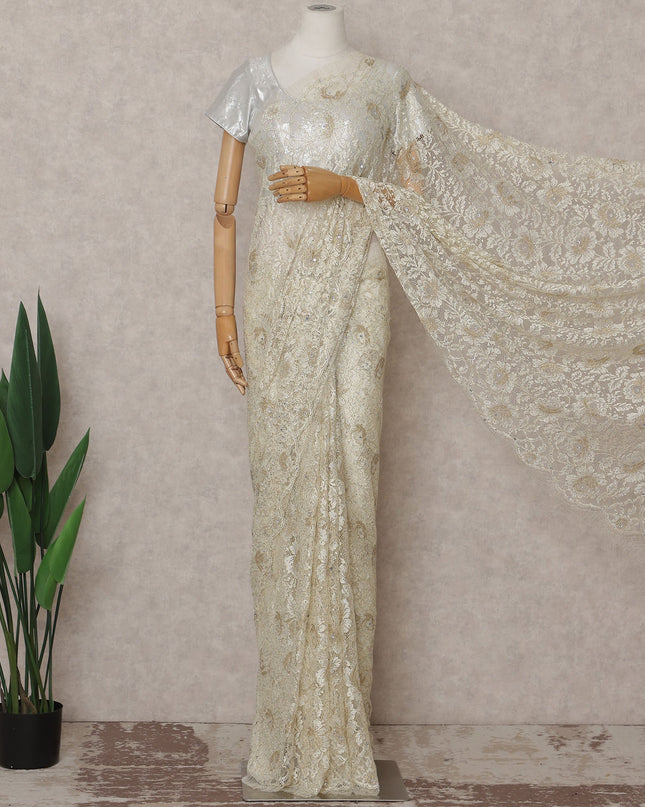Ivory Cream And Gold Metallic Stone French Lace Saree