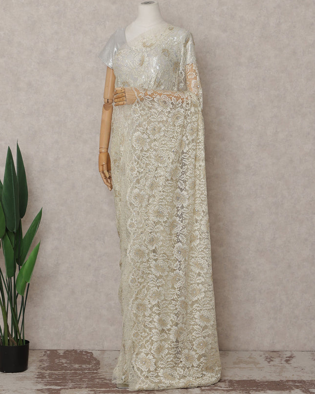 Ivory Cream And Gold Metallic Stone French Lace Saree