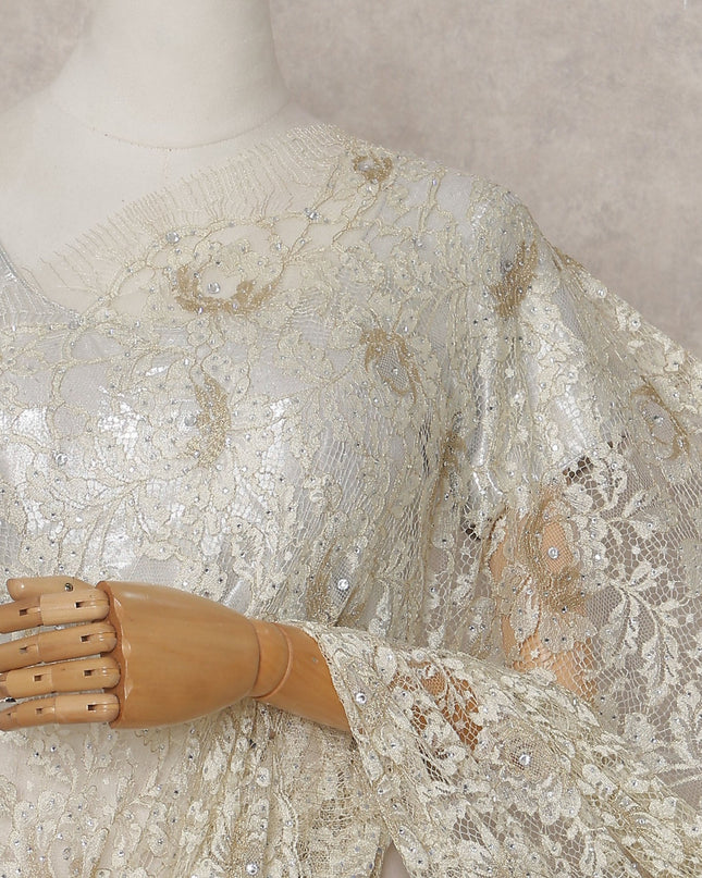 Ivory Cream And Gold Metallic Stone French Lace Saree