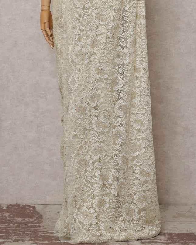 Ivory Cream And Gold Metallic Stone French Lace Saree