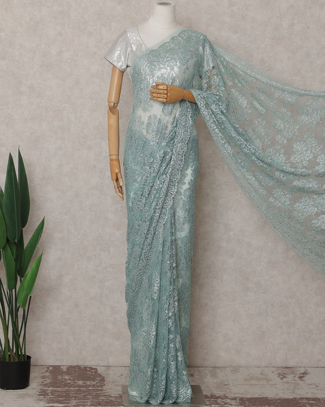 Duck Egg Blue Metallic Stone French Lace Saree