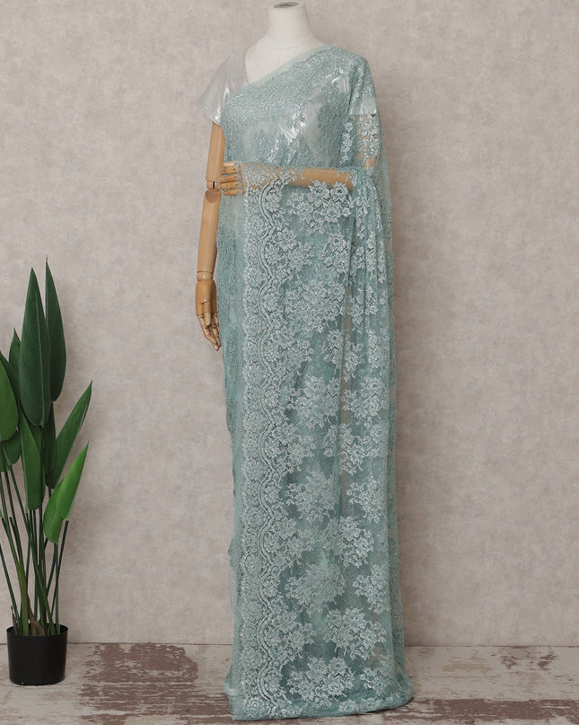 Duck Egg Blue Metallic Stone French Lace Saree