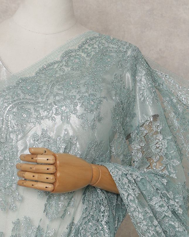 Duck Egg Blue Metallic Stone French Lace Saree
