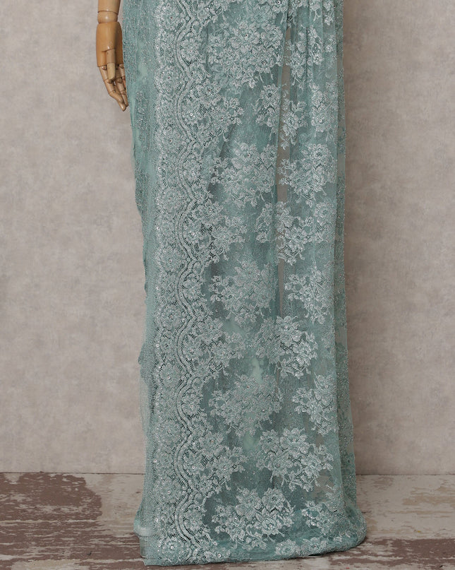 Duck Egg Blue Metallic Stone French Lace Saree