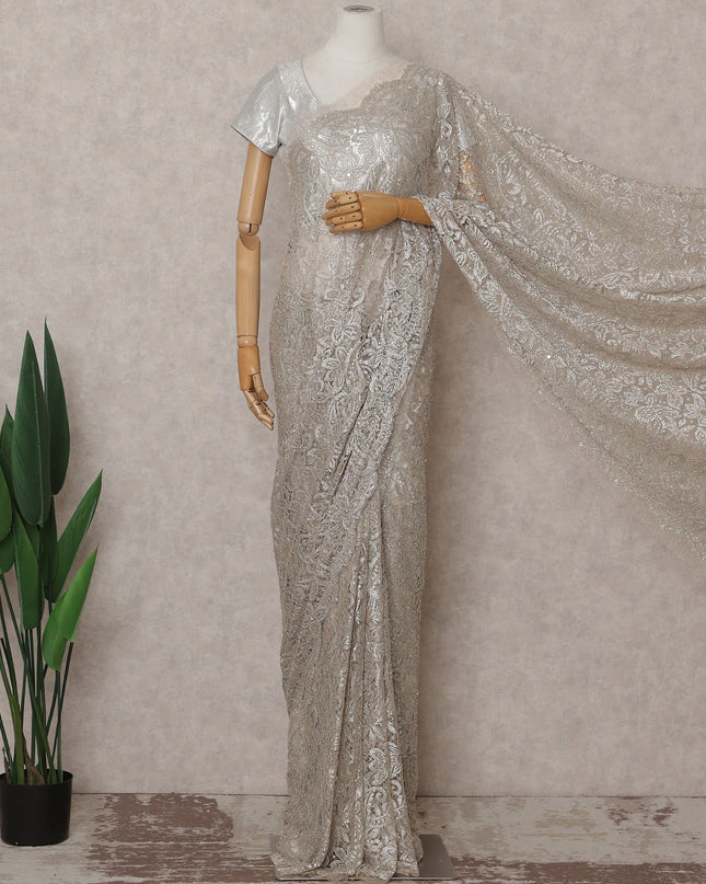 Champagne Silver Metallic Stone French Lace Saree