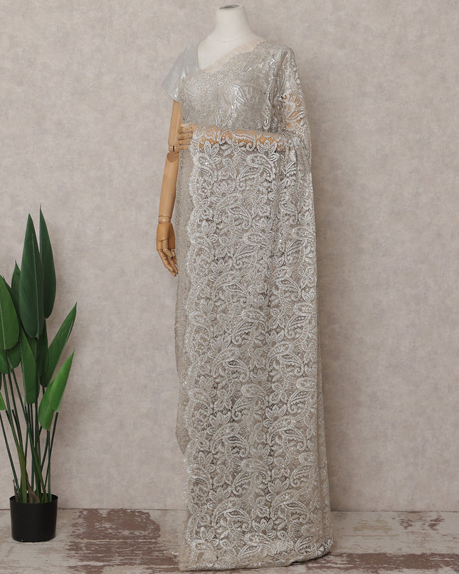 Champagne Silver Metallic Stone French Lace Saree