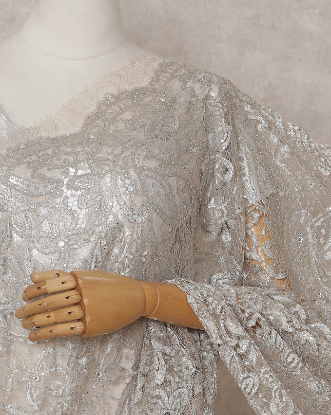 Champagne Silver Metallic Stone French Lace Saree