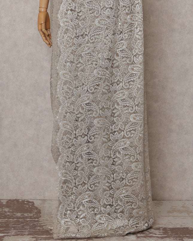 Champagne Silver Metallic Stone French Lace Saree