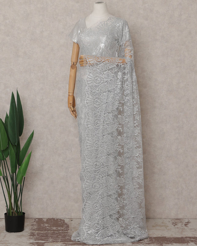 Frost Silver Metallic Stone French Lace Saree