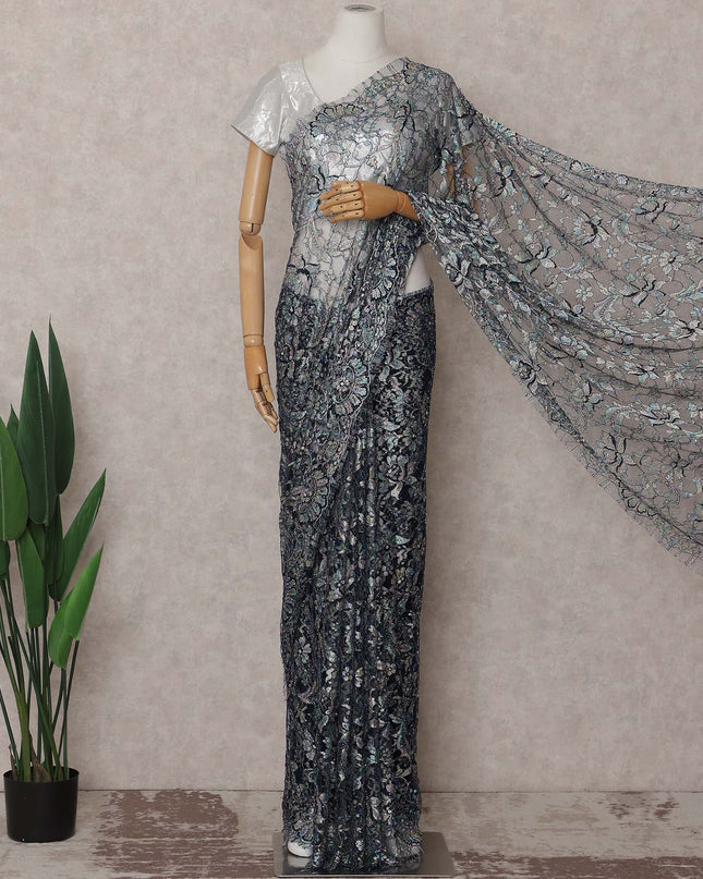 Midnight Navy Powder Blue Multitone French Lace Saree