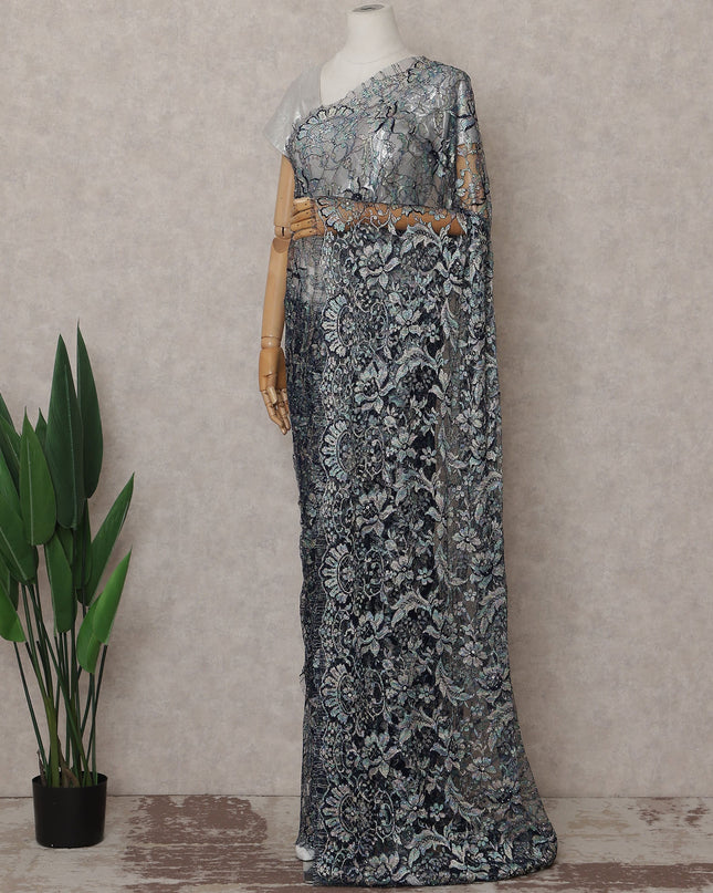 Midnight Navy Powder Blue Multitone French Lace Saree