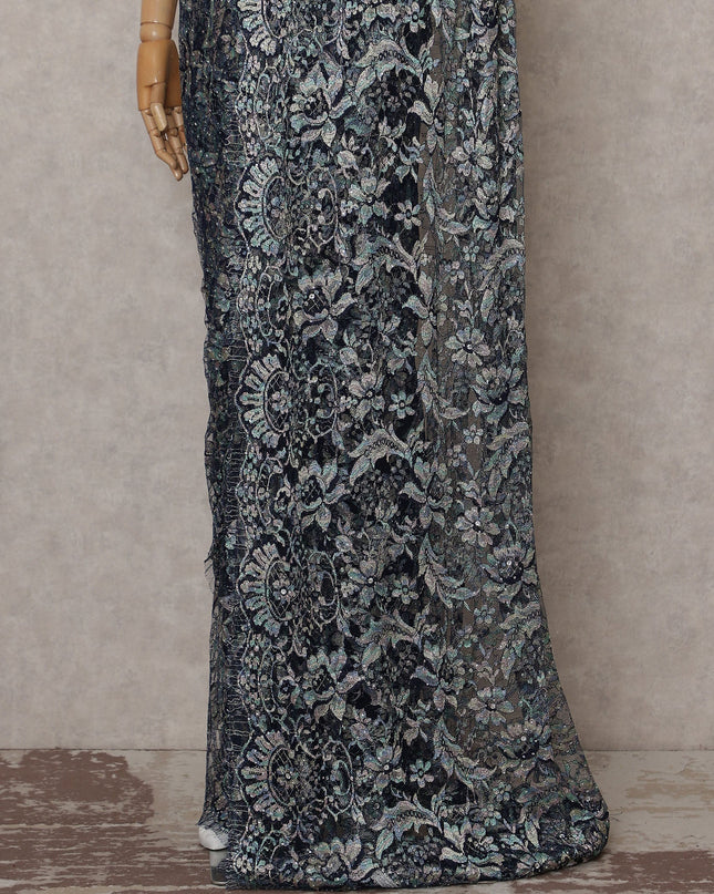 Midnight Navy Powder Blue Multitone French Lace Saree