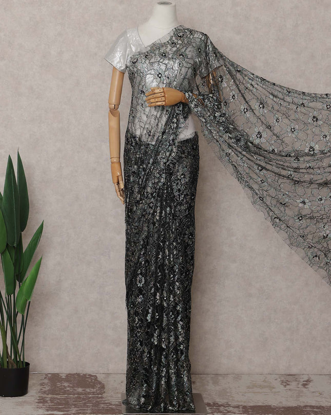 Jet Black Ice Blue Multitone French Lace Saree