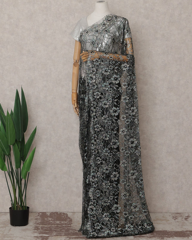 Jet Black Ice Blue Multitone French Lace Saree