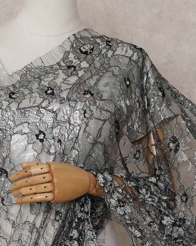 Jet Black Ice Blue Multitone French Lace Saree