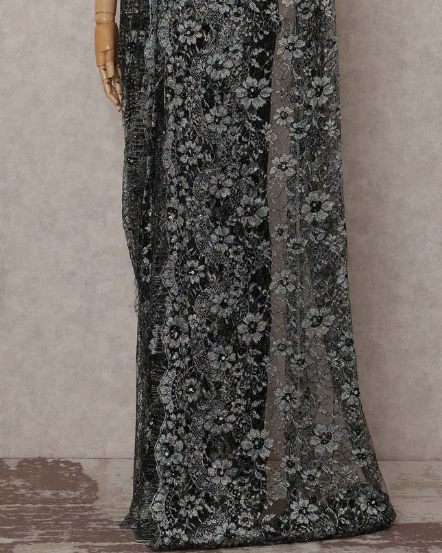 Jet Black Ice Blue Multitone French Lace Saree