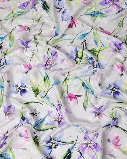 Silver Grey Floral Silk Crepe Jacquard Fabric 110cm