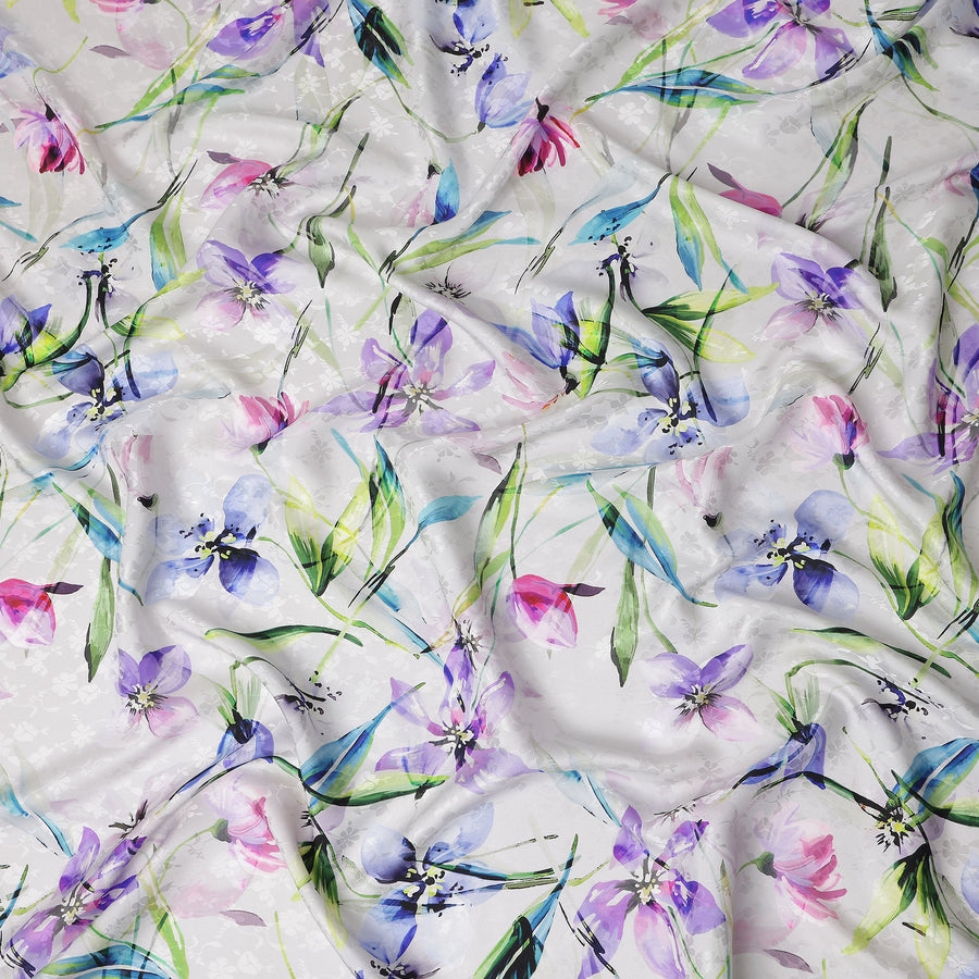 Silver Grey Floral Silk Crepe Jacquard Fabric 110cm