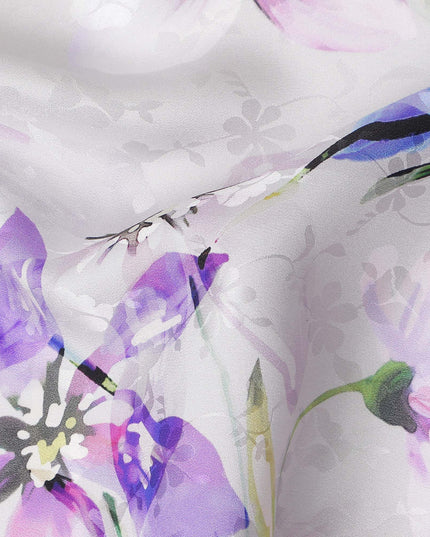 Silver Grey Floral Silk Crepe Jacquard Fabric 110cm