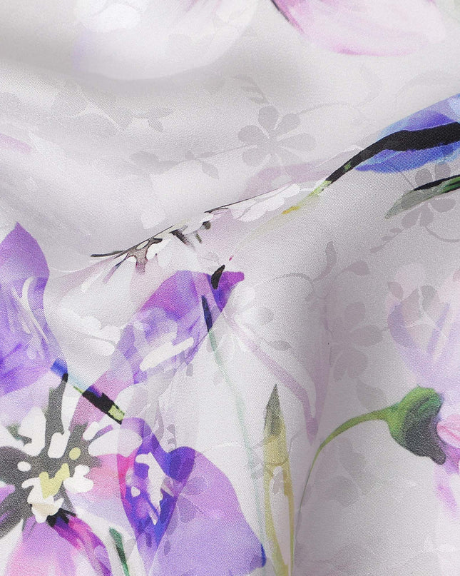 Silver Grey Floral Silk Crepe Jacquard Fabric 110cm