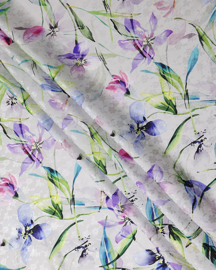 Silver Grey Floral Silk Crepe Jacquard Fabric 110cm